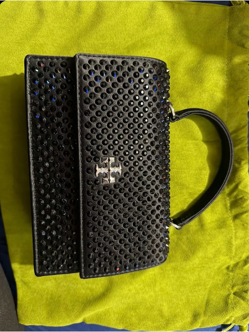 Tory Burch Black Studded Top Handle Satchel with Logo